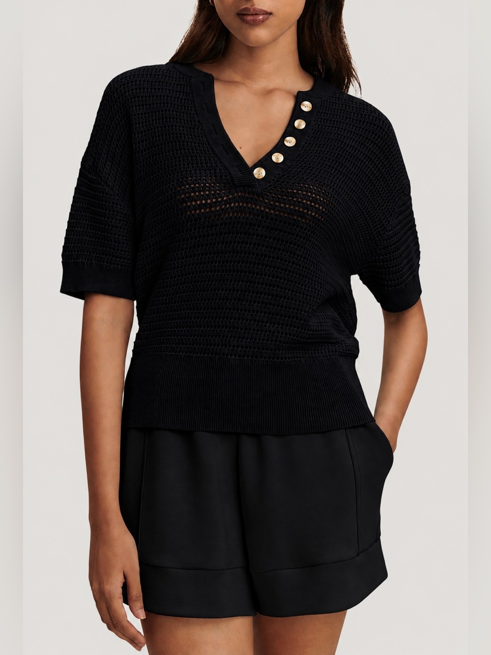 Varley Callie Sheer Knit Top 100% Cotton Black L Coastal Prep Minimalist V-Neck